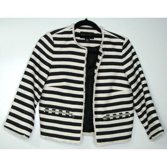 Metaphor Open Front Blazer Jacket XS Raw Hem Black White Striped Pockets Lined - Picture 1 of 12